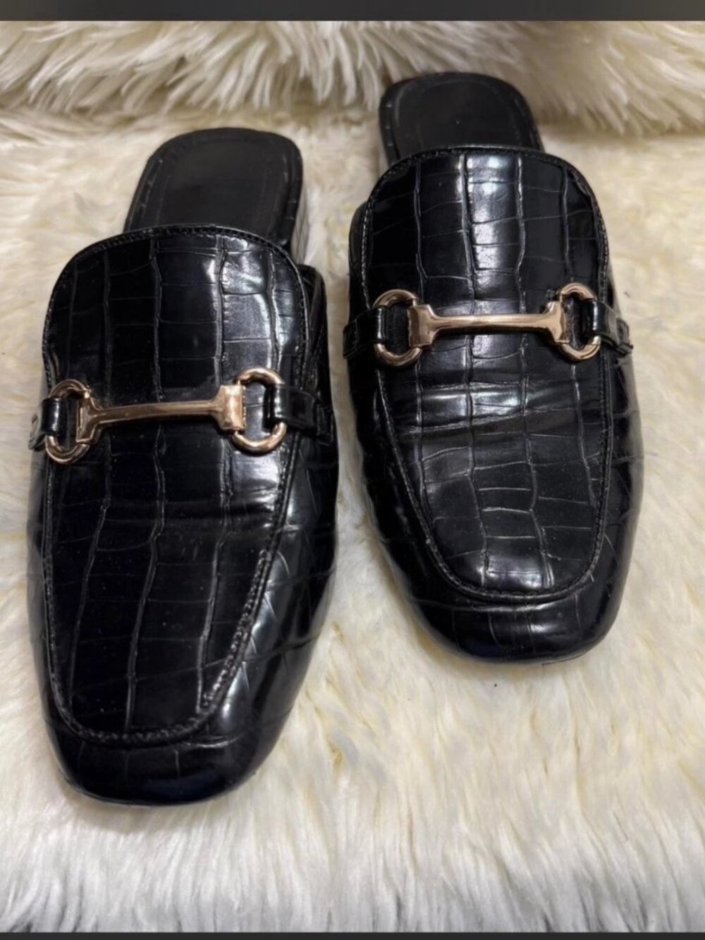 Lulus Black Leather Mule Flats with Gold Buckle, Size 8